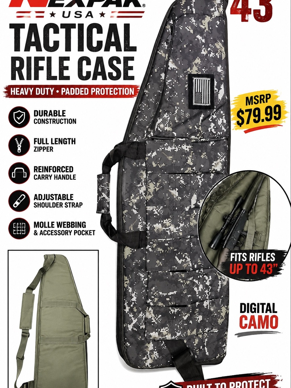 NEXPAK USA SRC143 43" Tactical Rifle Case Digital Camo Soft Gun Bag New NWT